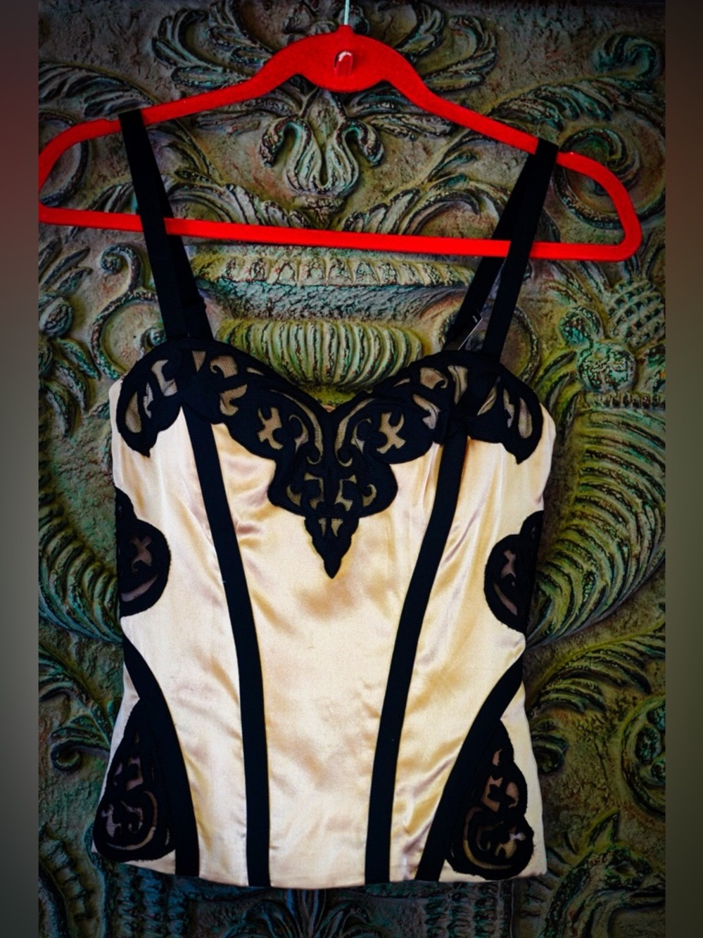 Bebe Champagne Satin & Black Lace Corset Top - Size XS - Picture 2 of 7